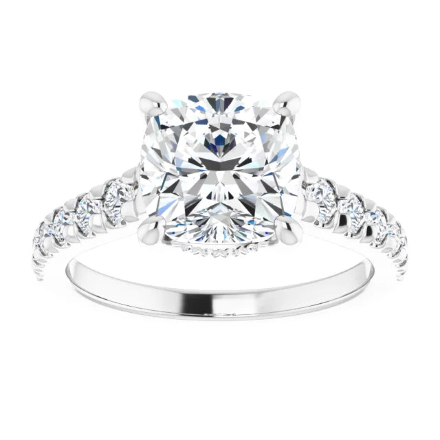 14K White Gold 3.06 CTW Cushion Solitaire Pavé Lab Grown Diamond Engagement Ring