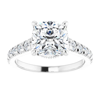 14K White Gold 3.06 CTW Cushion Solitaire Pavé Lab Grown Diamond Engagement Ring