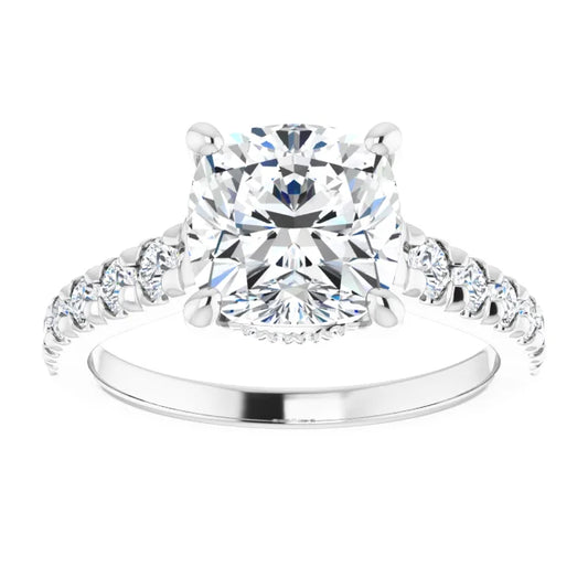 14K White Gold 3.06 CTW Cushion Solitaire Pavé Lab Grown Diamond Engagement Ring