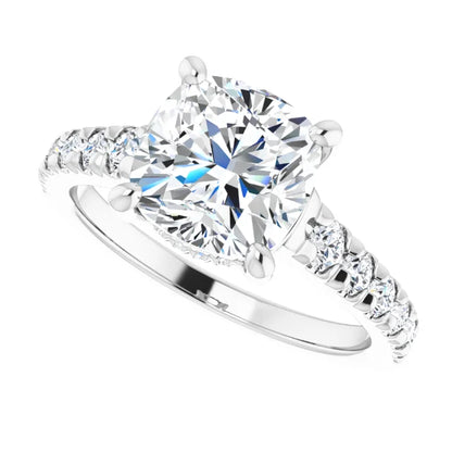 14K White Gold 3.06 CTW Cushion Solitaire Pavé Lab Grown Diamond Engagement Ring