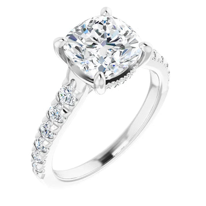14K White Gold 3.06 CTW Cushion Solitaire Pavé Lab Grown Diamond Engagement Ring