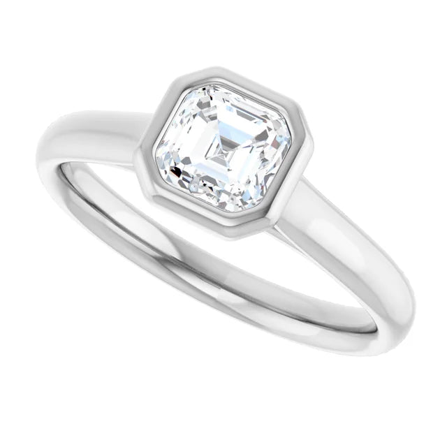 14K White Gold 0.70 CTW Asscher Bezel Diamond Engagement Ring