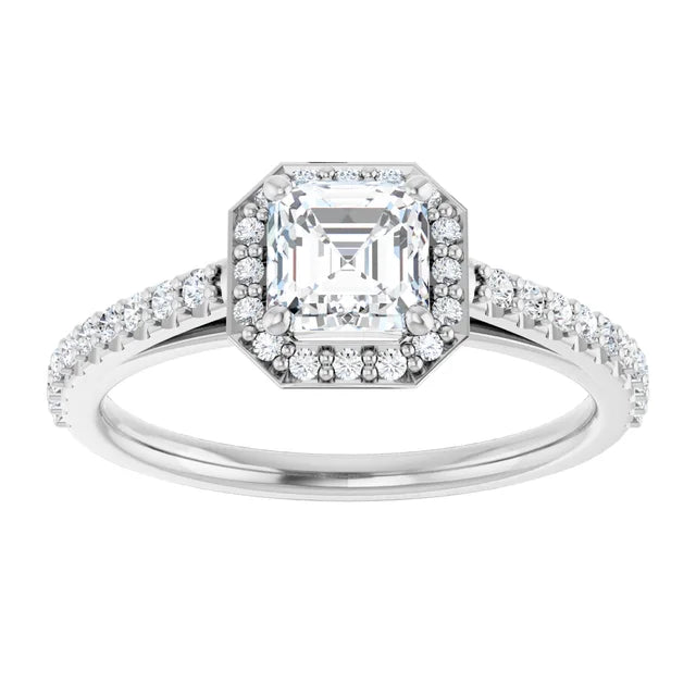 14K White Gold 0.99 CTW Asscher Halo Pave Diamond Engagement Ring-diamondnetjewellery