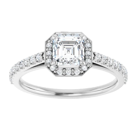 14K White Gold 0.99 CTW Asscher Halo Pave Diamond Engagement Ring