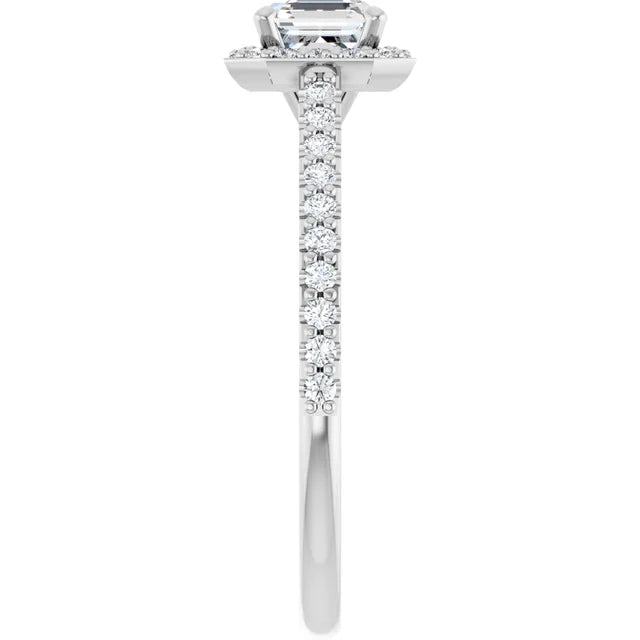 14K White Gold 0.99 CTW Asscher Halo Pave Diamond Engagement Ring-diamondnetjewellery