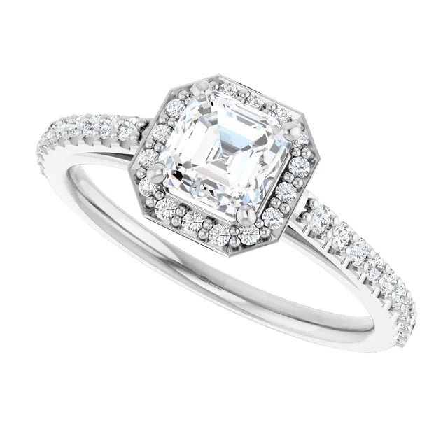 14K White Gold 0.99 CTW Asscher Halo Pave Diamond Engagement Ring-diamondnetjewellery