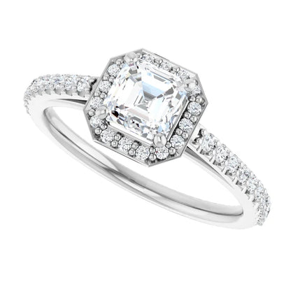14K White Gold 0.99 CTW Asscher Halo Pave Diamond Engagement Ring-diamondnetjewellery