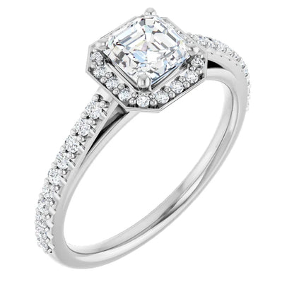 14K White Gold 0.99 CTW Asscher Halo Pave Diamond Engagement Ring-diamondnetjewellery