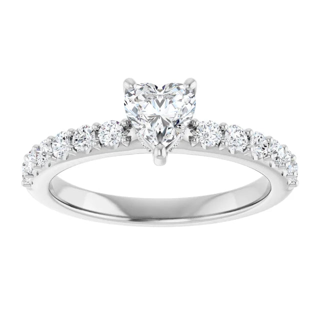 14K White Gold 7/8 CTW Heart Pavé Band Diamond Engagement Ring