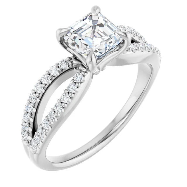 14K White Gold 1.28 CTW Asscher Diamond Split Shank Pave Engagement Ring
