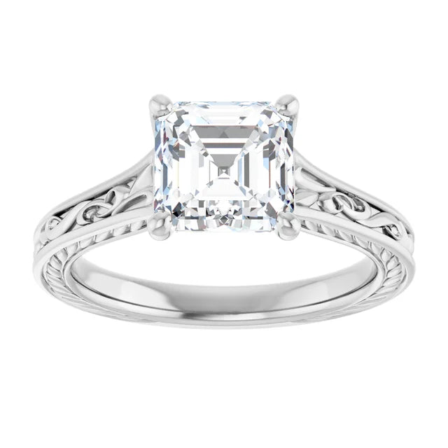 14K White Gold 0.71 CTW Asscher Solitaire Diamond Accented Band Engagement Ring