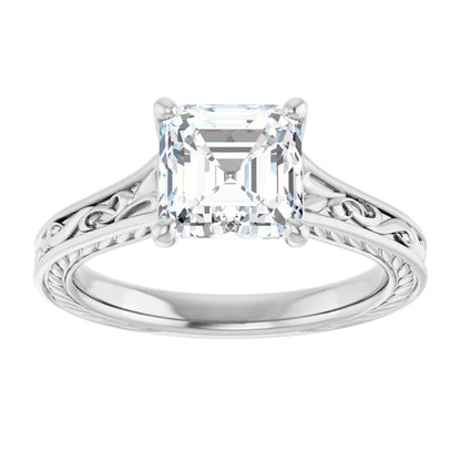 14K White Gold 0.71 CTW Asscher Solitaire Diamond Accented Band Engagement Ring
