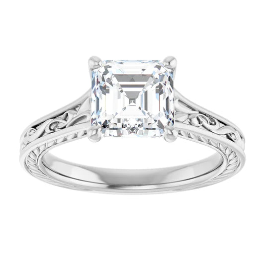 14K White Gold 0.71 CTW Asscher Solitaire Diamond Accented Band Engagement Ring
