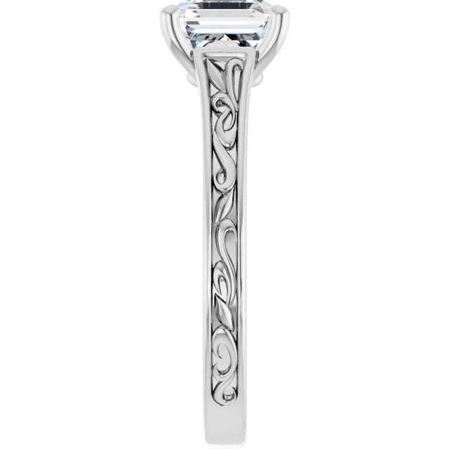 14K White Gold 0.71 CTW Asscher Solitaire Diamond Accented Band Engagement Ring