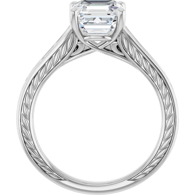 14K White Gold 0.71 CTW Asscher Solitaire Diamond Accented Band Engagement Ring