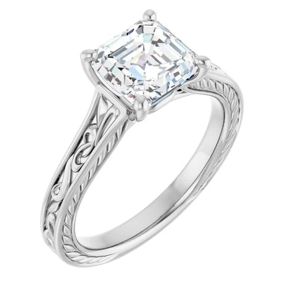 14K White Gold 0.71 CTW Asscher Solitaire Diamond Accented Band Engagement Ring
