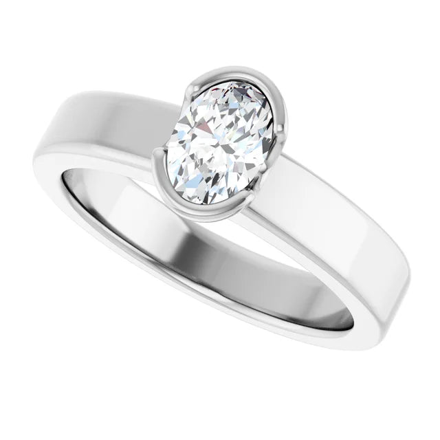 14K White Gold 0.51 CTW Oval Cut Bezel Diamond Engagement Ring