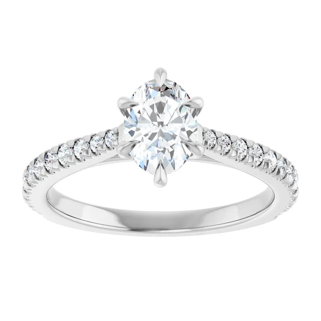 14K White Gold 0.99 CTW Oval Cut Cathedral Pavé Diamond Engagement Ring-diamondnetjewellery