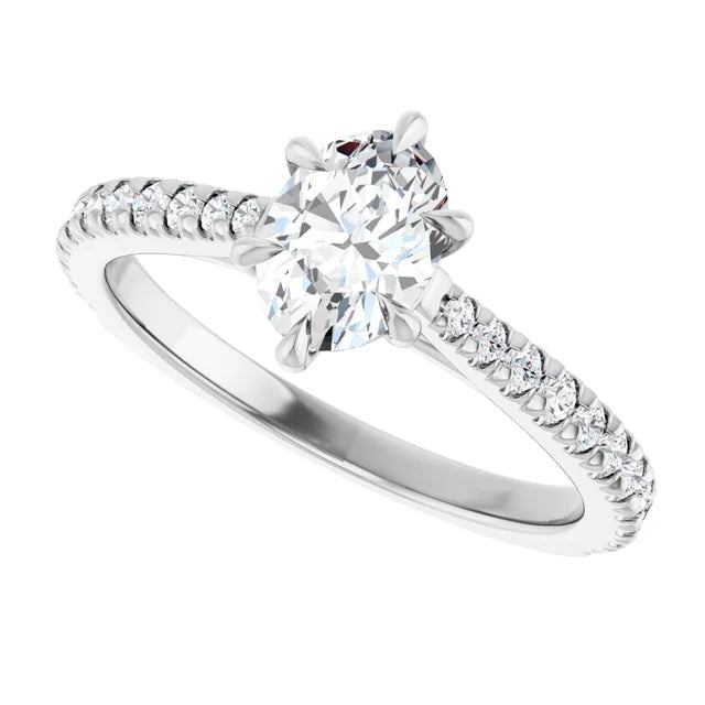 14K White Gold 0.99 CTW Oval Cut Cathedral Pavé Diamond Engagement Ring-diamondnetjewellery