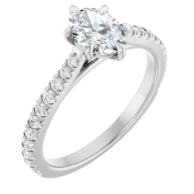 14K White Gold 0.99 CTW Oval Cut Cathedral Pavé Diamond Engagement Ring-diamondnetjewellery
