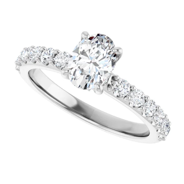 14K White Gold 1.08 CTW Oval Cut Pavé Diamond Engagement Ring-diamondnetjewellery