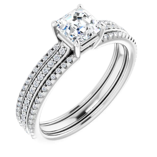 14K White Gold 1.40 CTW Asscher Accented Triple-Row Lab Grown Diamond Engagement Ring