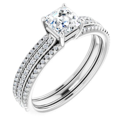 14K White Gold 1.40 CTW Asscher Accented Triple-Row Lab Grown Diamond Engagement Ring