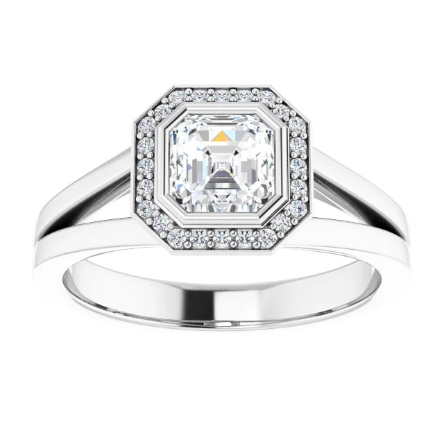 14K White Gold 1.425 CTW Asscher Bezel-Set Halo Lab Grown Diamond Engagement Ring