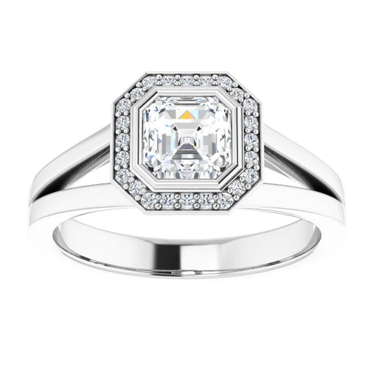 14K White Gold 1.425 CTW Asscher Bezel-Set Halo Lab Grown Diamond Engagement Ring