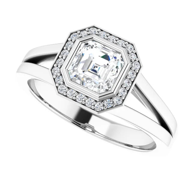 14K White Gold 1.425 CTW Asscher Bezel-Set Halo Lab Grown Diamond Engagement Ring