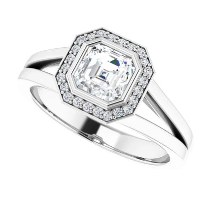 14K White Gold 1.425 CTW Asscher Bezel-Set Halo Lab Grown Diamond Engagement Ring