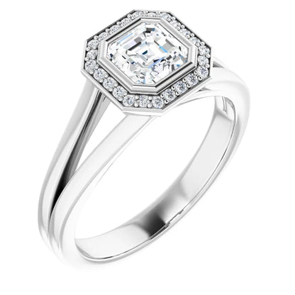 14K White Gold 1.425 CTW Asscher Bezel-Set Halo Lab Grown Diamond Engagement Ring