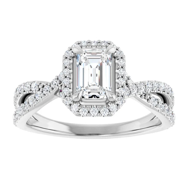 14K White Gold 1.515 CTW Emerald Halo Criss-Cross Lab Grown Diamond Engagement Ring