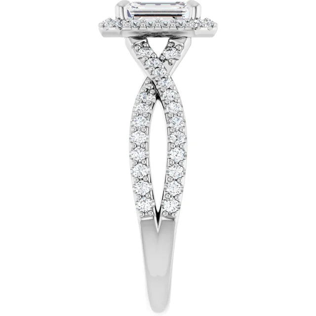 14K White Gold 1.515 CTW Emerald Halo Criss-Cross Lab Grown Diamond Engagement Ring