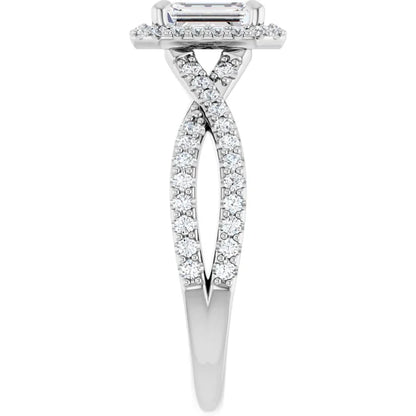 14K White Gold 1.515 CTW Emerald Halo Criss-Cross Lab Grown Diamond Engagement Ring