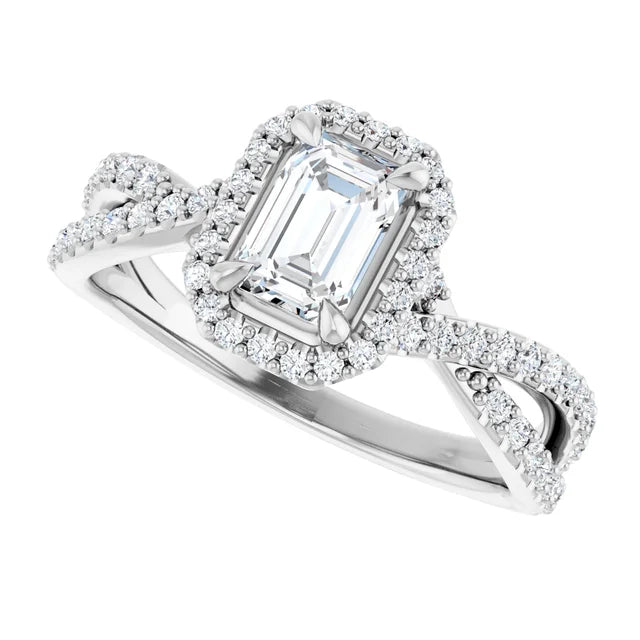 14K White Gold 1.515 CTW Emerald Halo Criss-Cross Lab Grown Diamond Engagement Ring