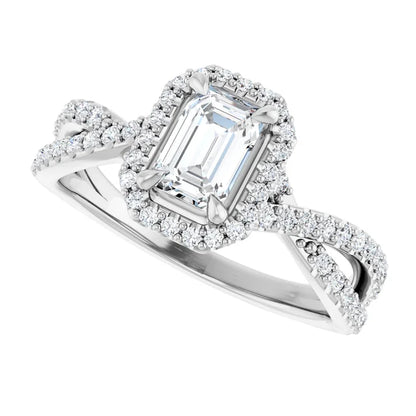 14K White Gold 1.515 CTW Emerald Halo Criss-Cross Lab Grown Diamond Engagement Ring
