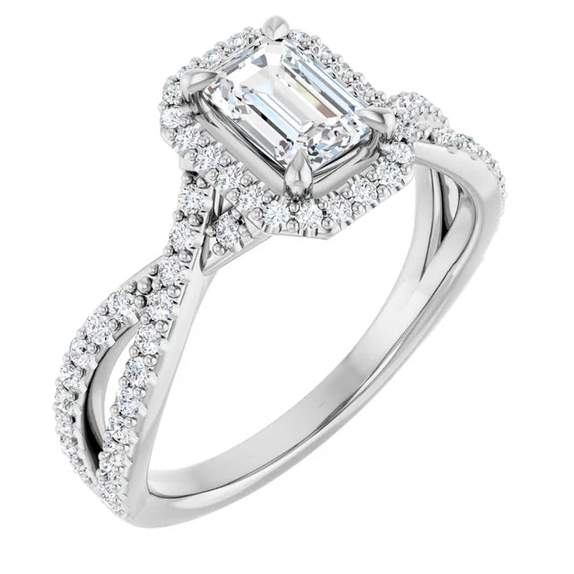 14K White Gold 1.515 CTW Emerald Halo Criss-Cross Lab Grown Diamond Engagement Ring