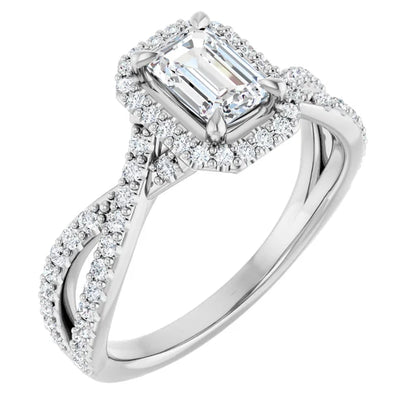 14K White Gold 1.515 CTW Emerald Halo Criss-Cross Lab Grown Diamond Engagement Ring