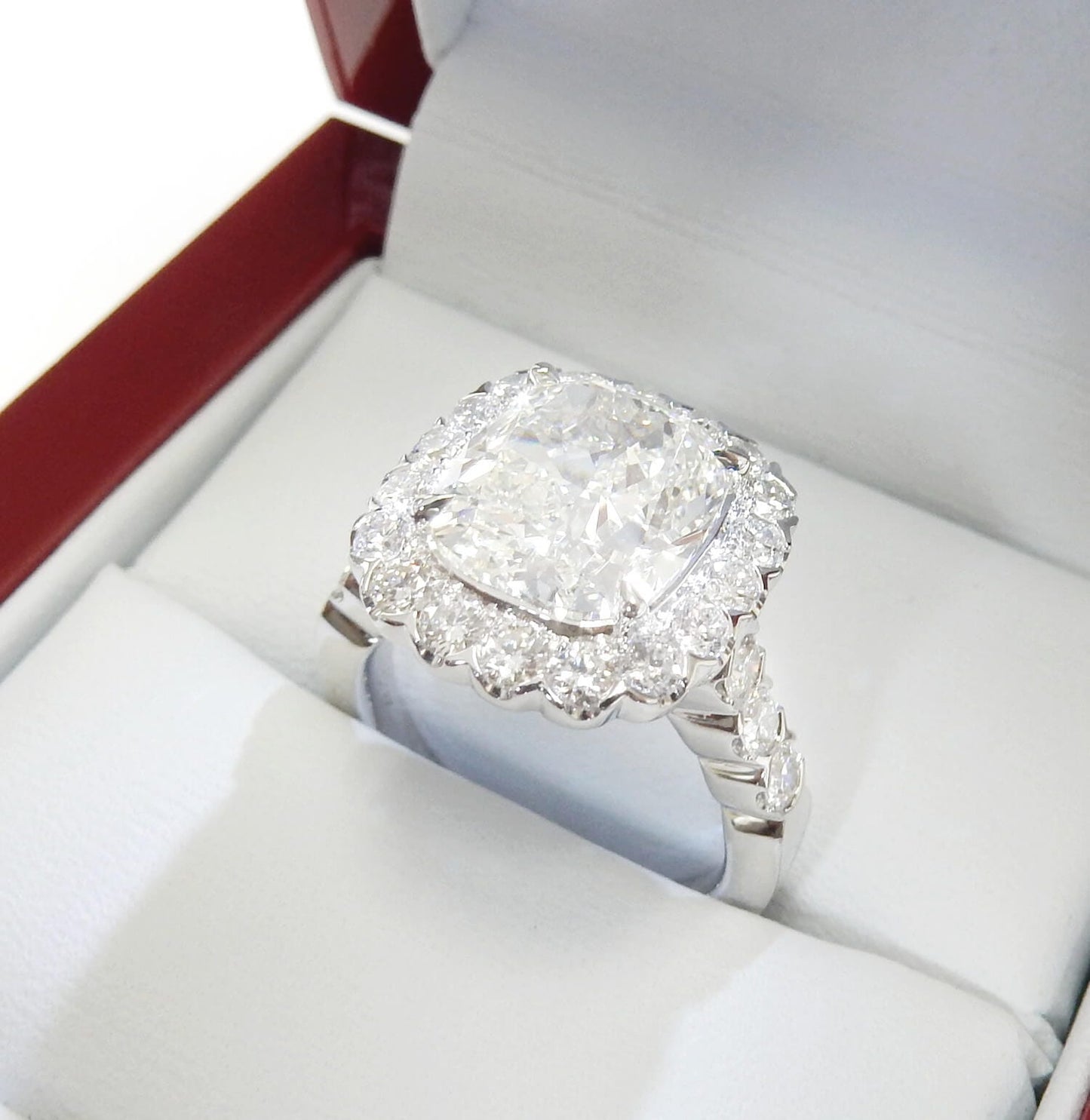 18K White Gold 5.01 CTW Cushion Halo Diamond Engagement Ring