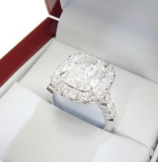 18K White Gold 5.01 CTW Cushion Halo Diamond Engagement Ring