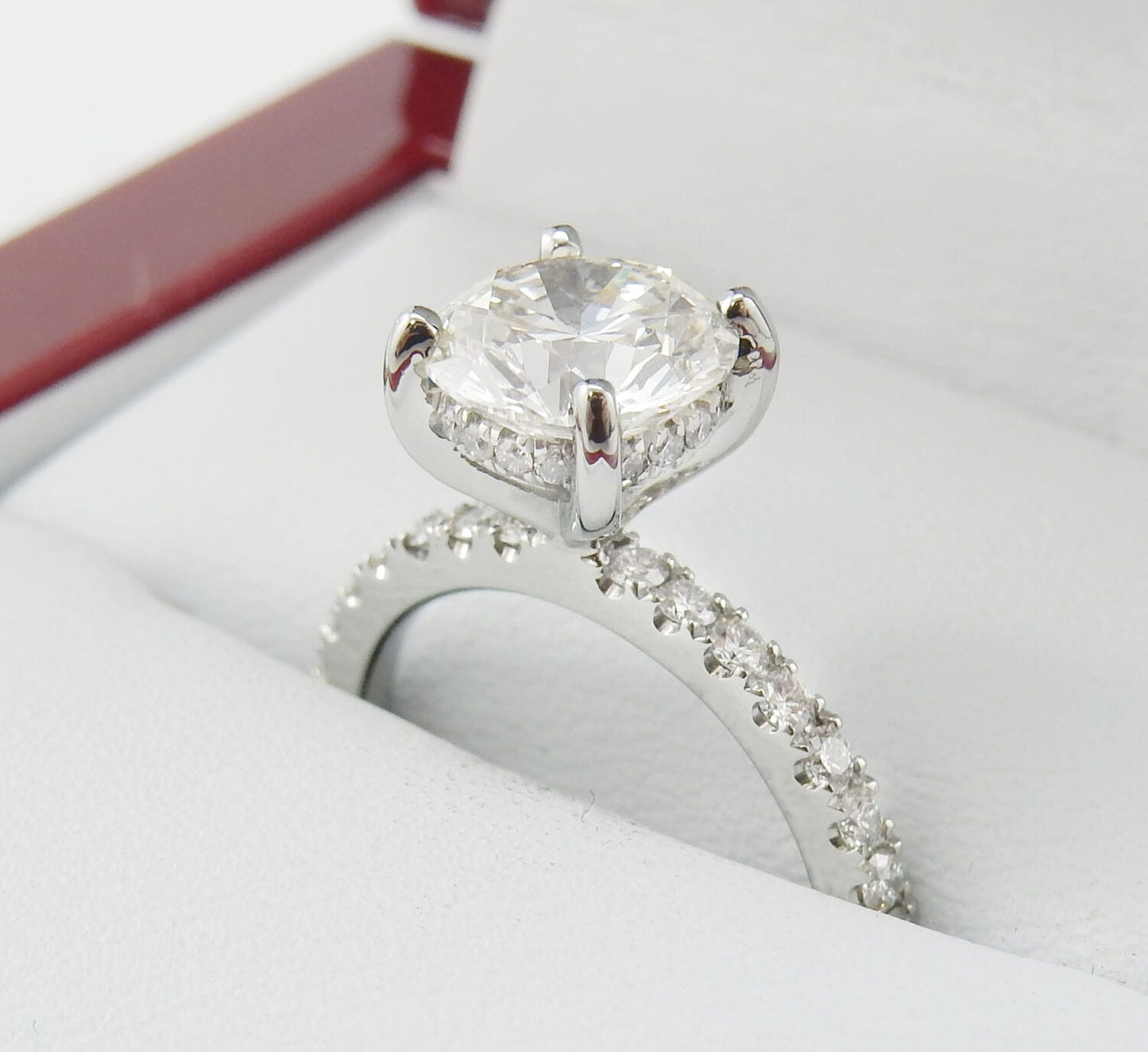 19K White Gold 1.70 CTW Round Brilliant Invisible Halo Pavé Band Diamond Engagement Ring