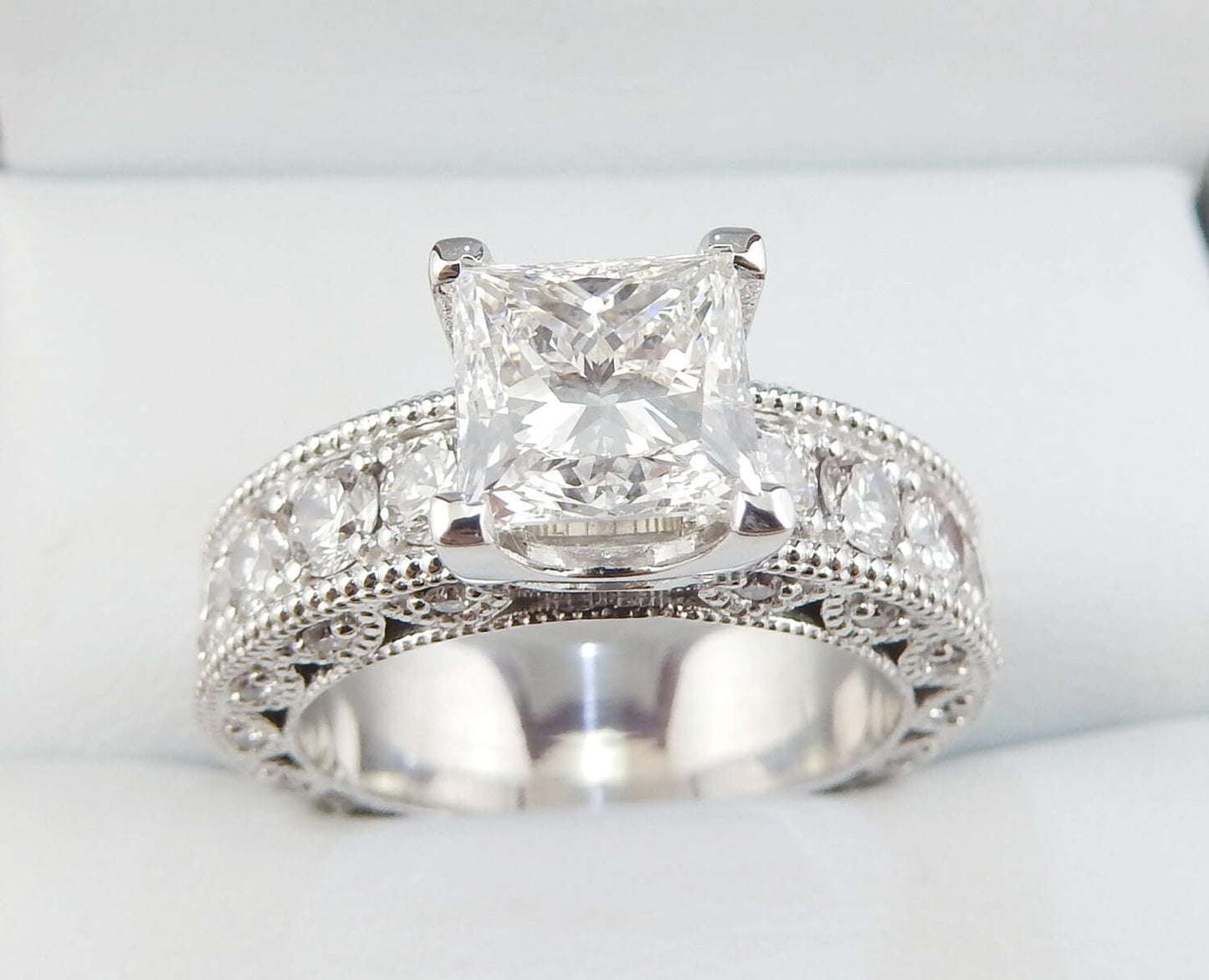 19K White Gold 2.00 CTW Princess-Cut Diamond Milgrain Engagement Ring