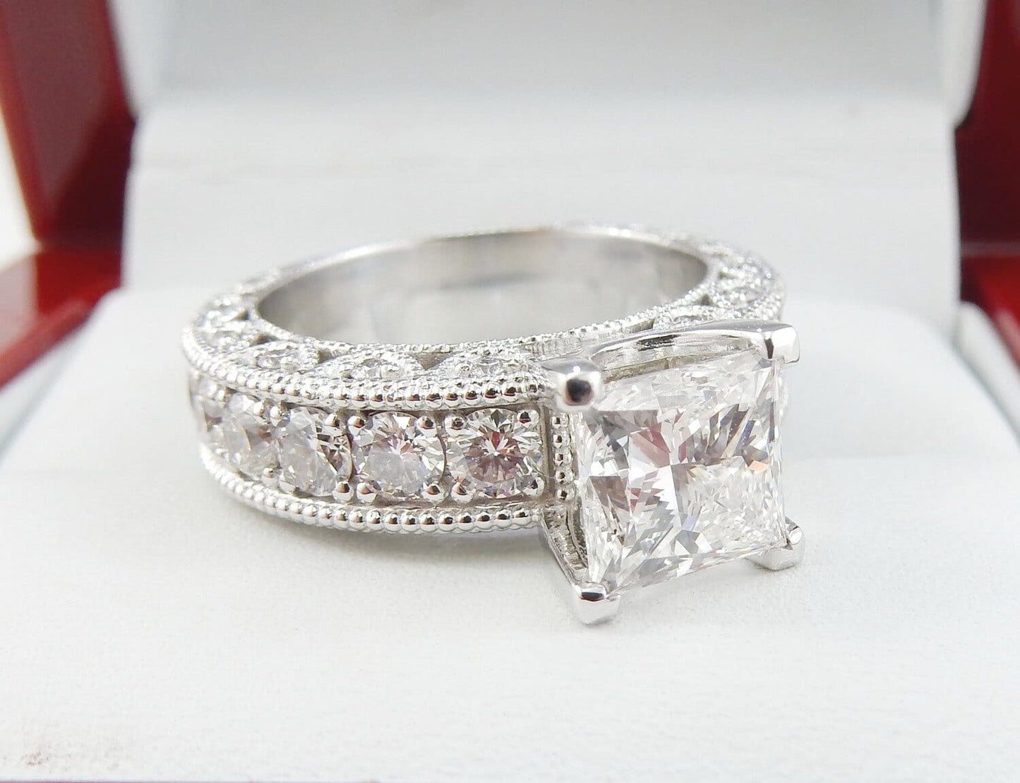 19K White Gold 2.00 CTW Princess-Cut Diamond Milgrain Engagement Ring