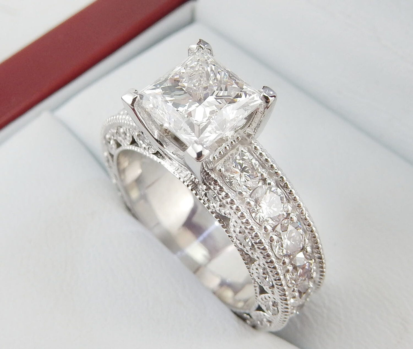 19K White Gold 2.00 CTW Princess-Cut Diamond Milgrain Engagement Ring