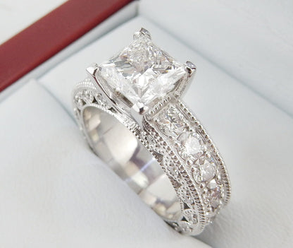 19K White Gold 2.00 CTW Princess-Cut Diamond Milgrain Engagement Ring