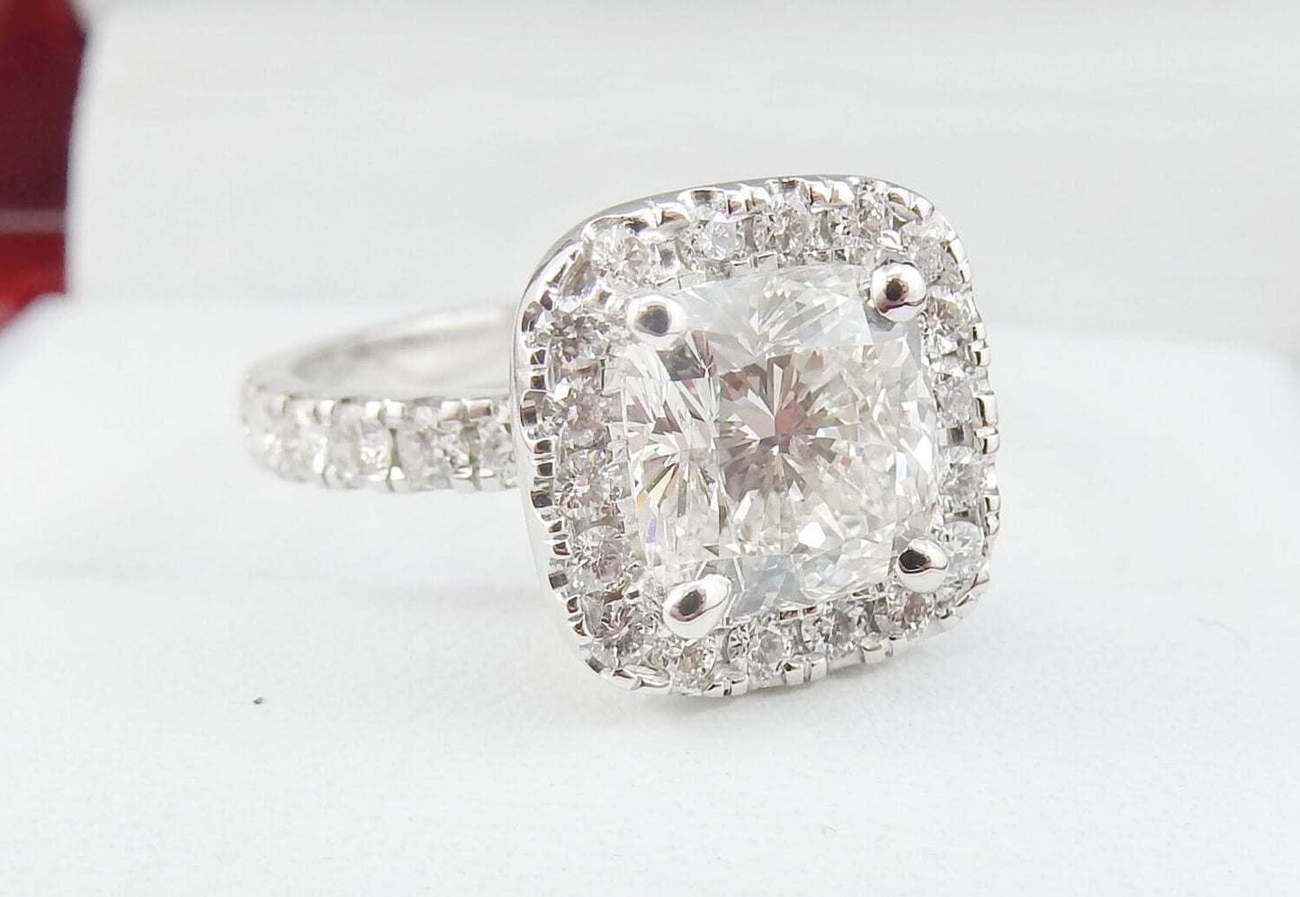 19K White Gold 1.71 CTW Cushion Cut Halo Pavé Band Diamond Engagement Ring-diamondnetjewellery