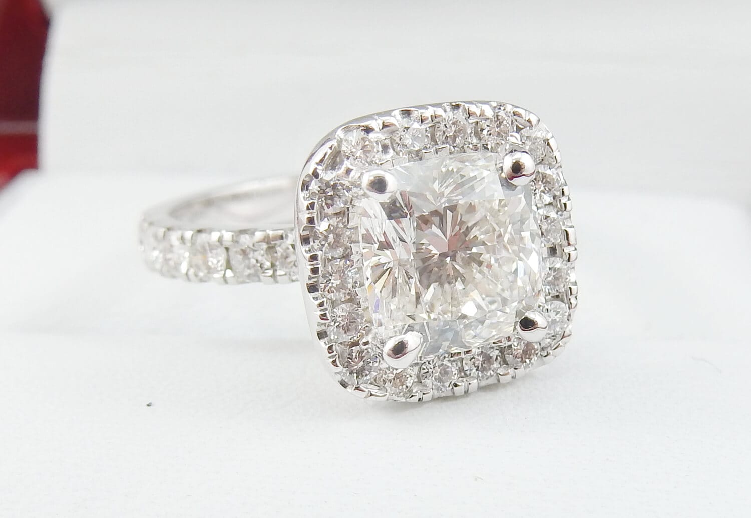 19K White Gold 1.71 CTW Cushion Cut Halo Pavé Band Diamond Engagement Ring-diamondnetjewellery