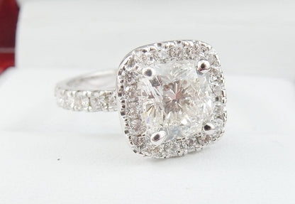 19K White Gold 1.71 CTW Cushion Cut Halo Pavé Band Diamond Engagement Ring-diamondnetjewellery