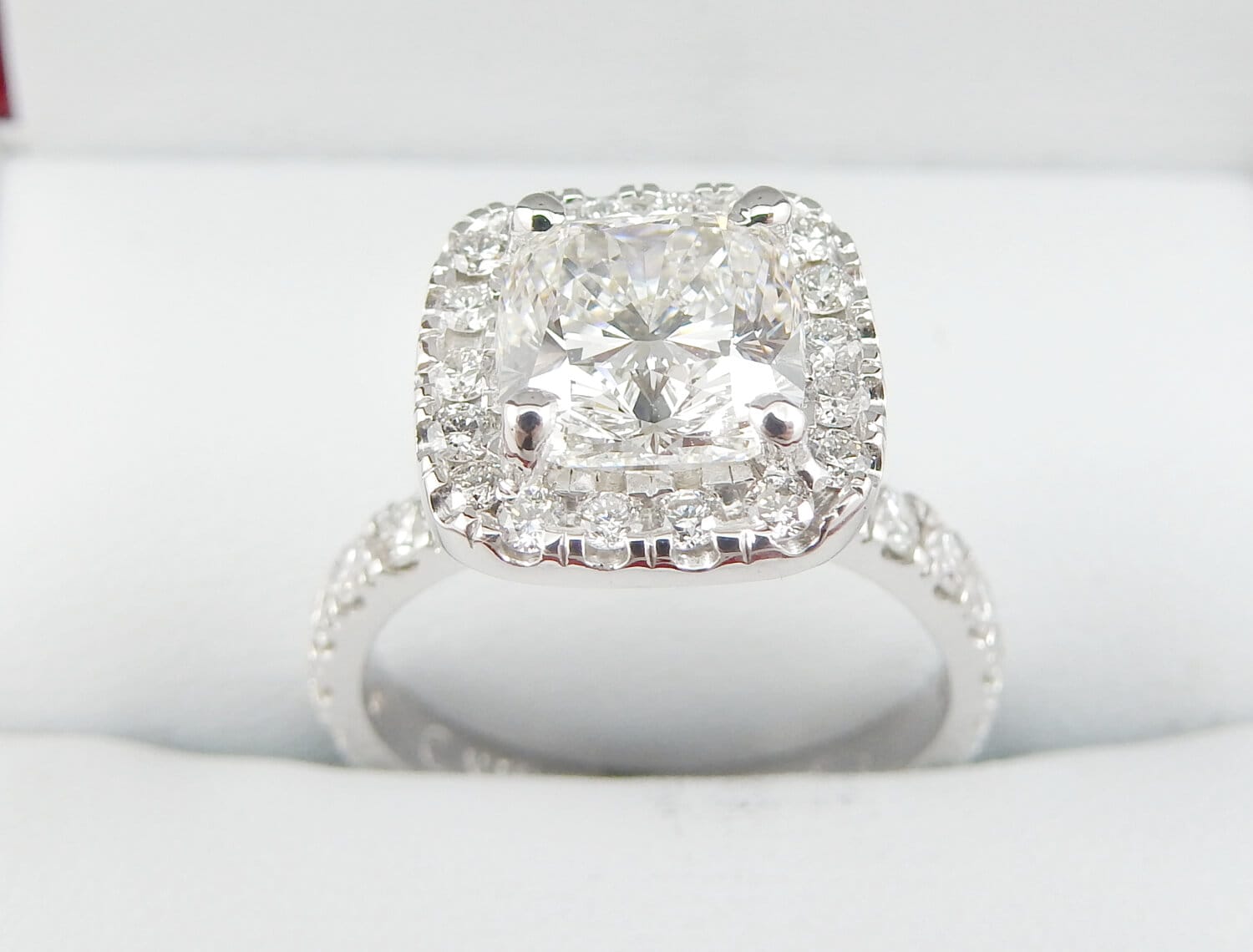 19K White Gold 1.71 CTW Cushion Cut Halo Pavé Band Diamond Engagement Ring-diamondnetjewellery